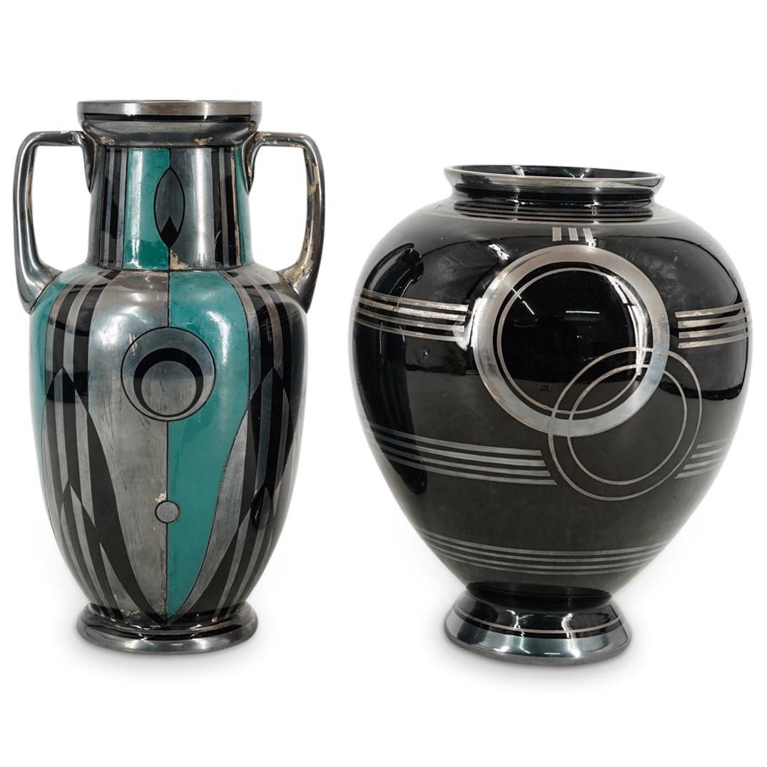 Pair Of Art Deco Glass Silver Overlay Black Vases (1 of 7)