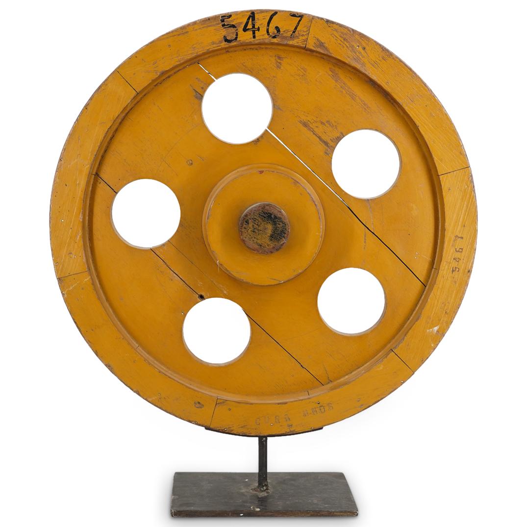 Antique Carved Wooden Wheel Sculpture On Iron Base (1 of 6)