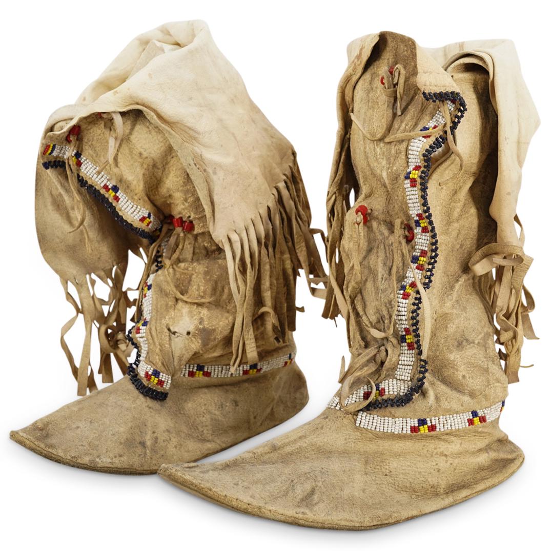 Pair Of Antique Apache Beaded Leather High Top Moccasins (1 of 7)