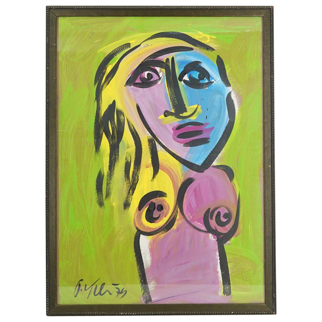Peter Keil (B. 1942) Nude Portrait Acrylic On Paper: DESCRIPTION: Framed acrylic on paper painting by Peter Keil depicting a neo-expressionist portrait of a nude woman in purple, blue, yellow, and black against a green background. Signed at lower right;