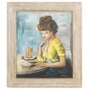 Style of Marcel Dyf Oil on Canvas Painting: DESCRIPTION: An oil on canvas painting depicting Marcel Dyf work featuring the portrait of a girl at a table. Signed lower right illegibly, mounted in washed wood frame. CIRCA: Mid 20th Cent. ORIGIN: