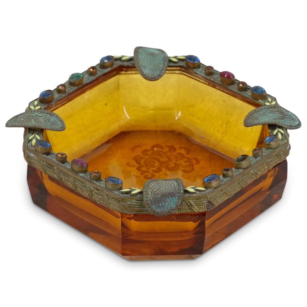 Antique Czech Intaglio Glass & Bejeweled Bronze Salt Cellar: DESCRIPTION: Antique Czech amber glass salt cellar intaglio cut with a profile depiction at the well, wrapped at the rim with bronze bejeweled by orange, blue and pink toned cut glass beads alongside