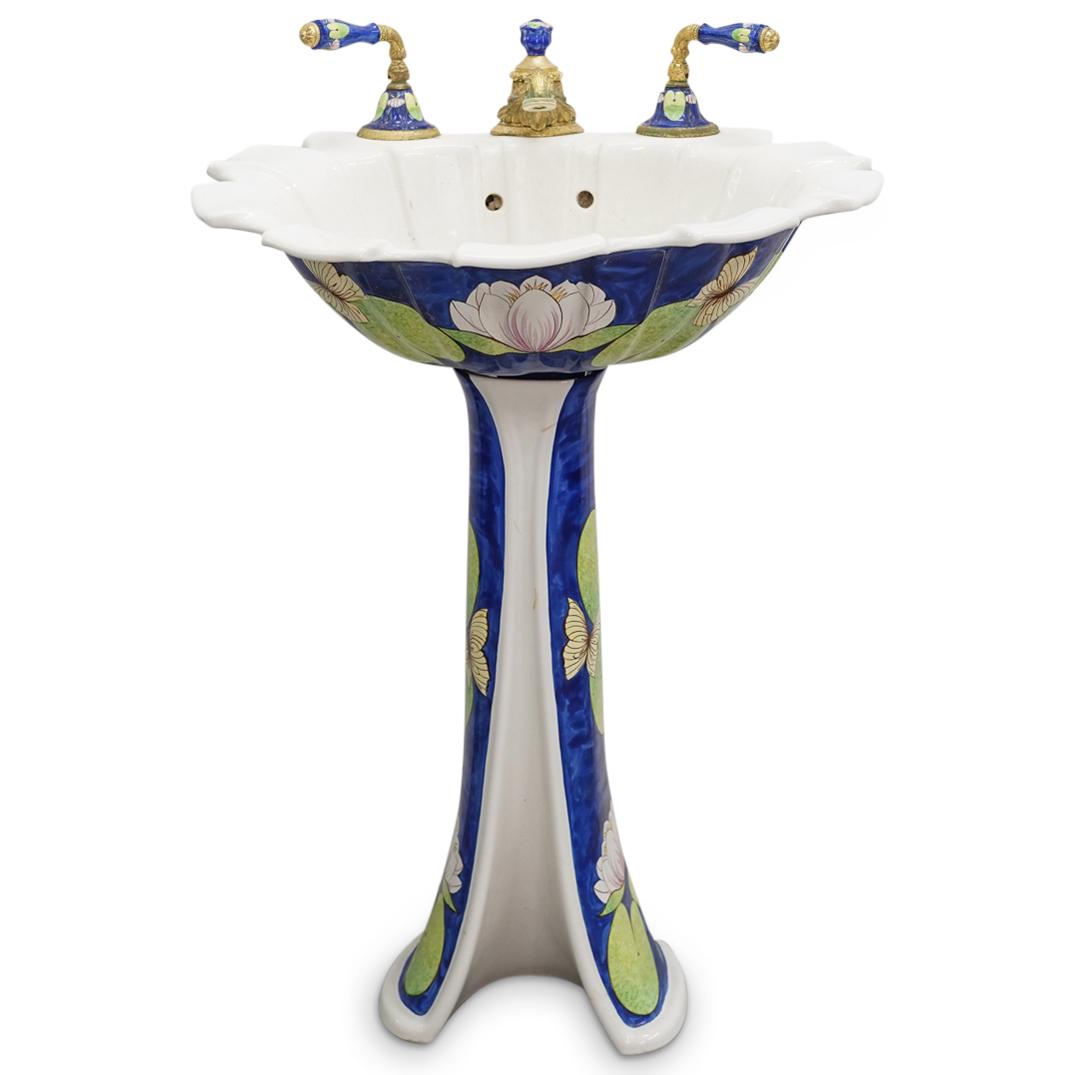 Sherle Wagner Blue Chinoiserie Painted Sink: DESCRIPTION: Sherle Wagner Chinoiserie enamel painted sink featuring depictions of pink flowers, yellow butterflies and green leaves over a cobalt blue tone throughout, a scalloped rim and silver tone