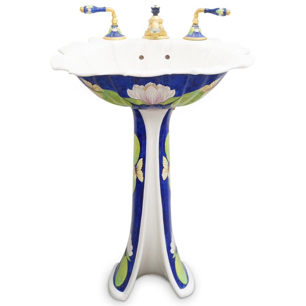Sherle Wagner Blue Chinoiserie Painted Sink: DESCRIPTION: Sherle Wagner Chinoiserie enamel painted sink featuring depictions of pink flowers, yellow butterflies and green leaves over a cobalt blue tone throughout, a scalloped rim and silver tone
