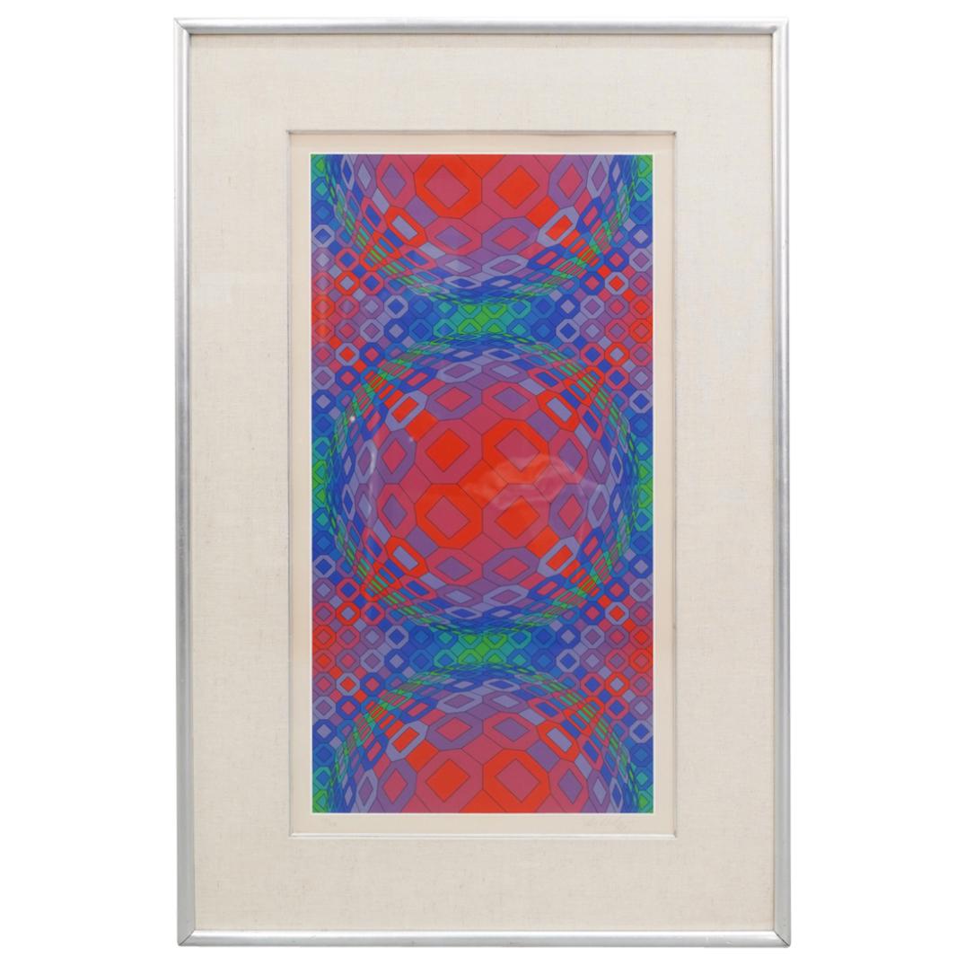 Victor Vasarely (Hungarian. 1906-1997) Lithograph: DESCRIPTION: A Victor Vasarely lithograph displays a geometric design with red, blue, green and purple tones. Signed along the bottom right and numbered "38/250". CIRCA: Late 20th Cent. ORIGIN: USA DI