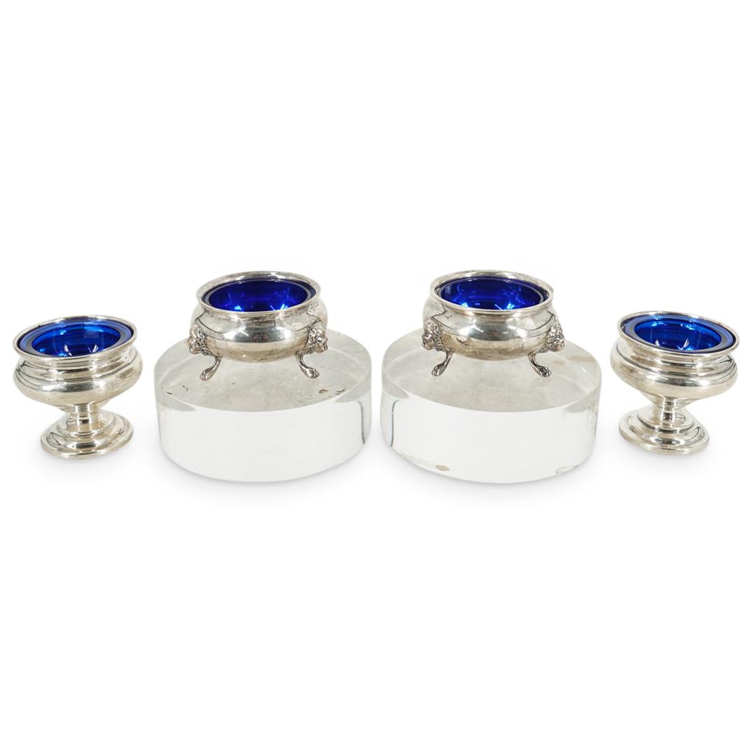 (4 Pc) Group of English Sterling Silver and Cobalt Blue Glass Cellars (1 of 9)