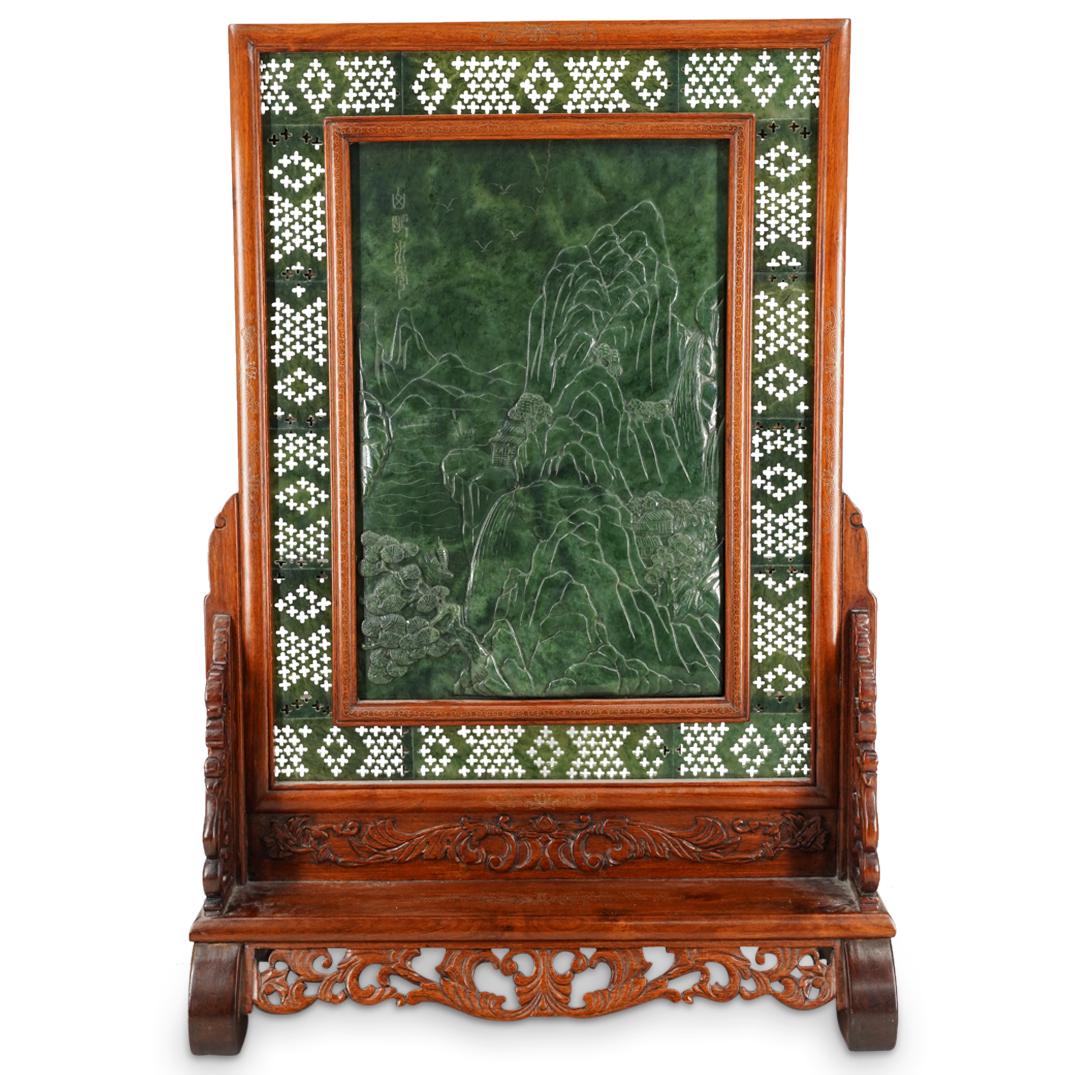 Large Chinese Carved Spinach Jade and Wood Table Screen (1 of 9)