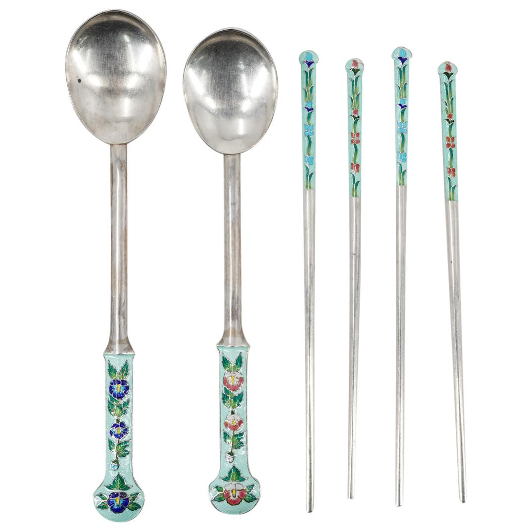 (6 Pc) Chinese Sterling Silver and Enamel Chopstick Set (1 of 5)