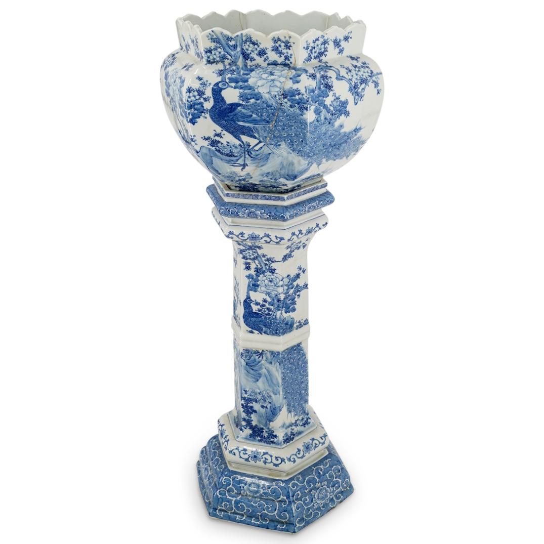 (2Pc) Antique Chinese Blue & White Porcelain Planter on Pedestal (1 of 10)