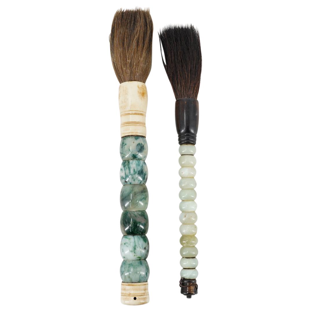 (2 Pc) Large Chinese Jade & Horse Hair Calligraphy Brushes (1 of 8)