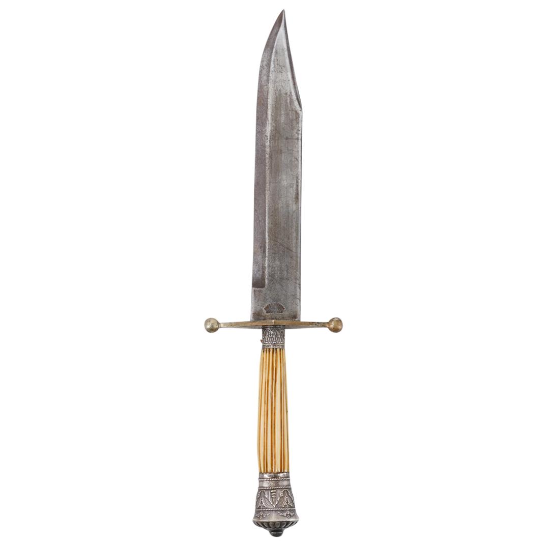 James Rodgers Sheffield Sterling Bowie Knife: DESCRIPTION: James Rodgers Royal Cutlery Sheffield bowie knife comprised of a curved tapering blade, a hilt with opposing spheres at either end, a fluted bone handle with a Sterling silver collar and
