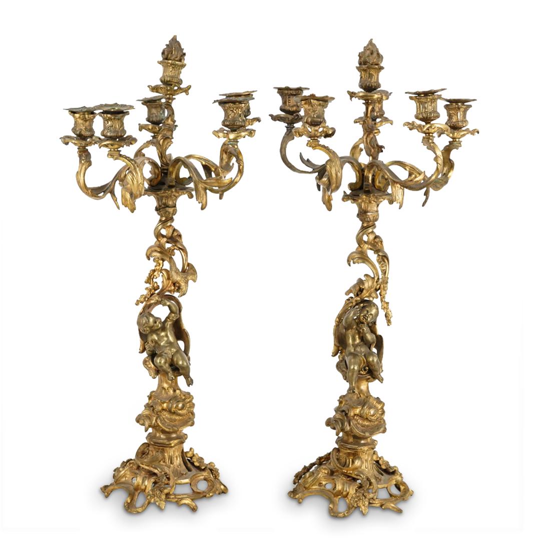 Pair of 19th C. French Bronze Putti Candelabra (1 of 7)