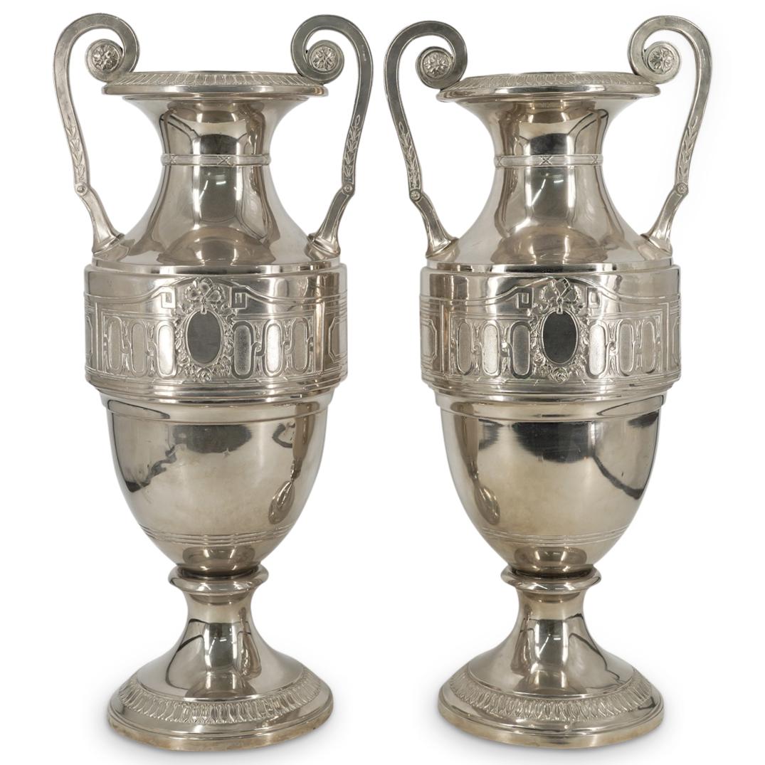 Pair of Large Silver Plated Handled Urns (1 of 8)