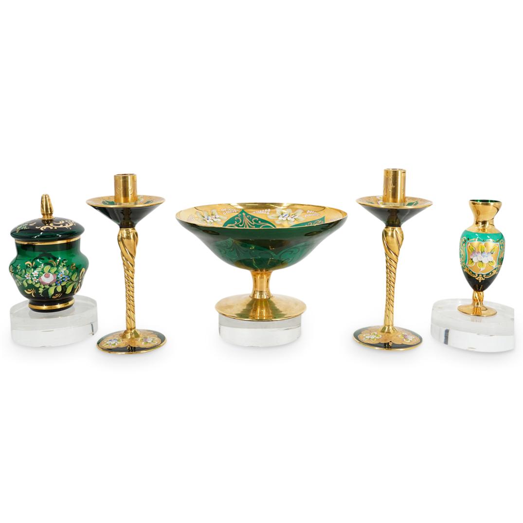 (5Pc) Antique Bohemian Parcel Gilt & Enameled Green Glass (1 of 6)