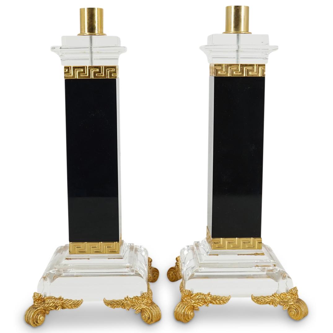 (2Pc) Hollywood Regency Style Lucite & Parcel Gilt Candlesticks (1 of 7)