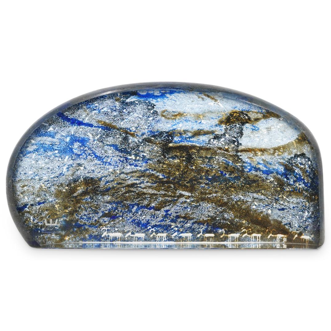 Signed Kosta Boda Art Glass Sculpture By Goran Warff: DESCRIPTION: A large Kosta Boda art glass sculpture paperweight by Goran Warff from the Lapland Petroglyph series designed with petroglyph animal decorative patterns. With "Kosta Sweden" sticker label