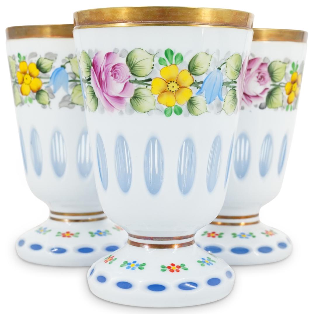 (3 Pc) Bohemian Glass Enameled Gilt Rimmed Goblets (1 of 3)