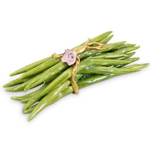 Katherine Houston "Bouquet of Beans" Porcelain Sculpture: DESCRIPTION: Porcelain sculpture by American artist Katherine Houston "Bouquet of Beans"; Depicting a bouquet of green beans wrapped by a gilt cord centered by a pink flower. Marked at the underside "