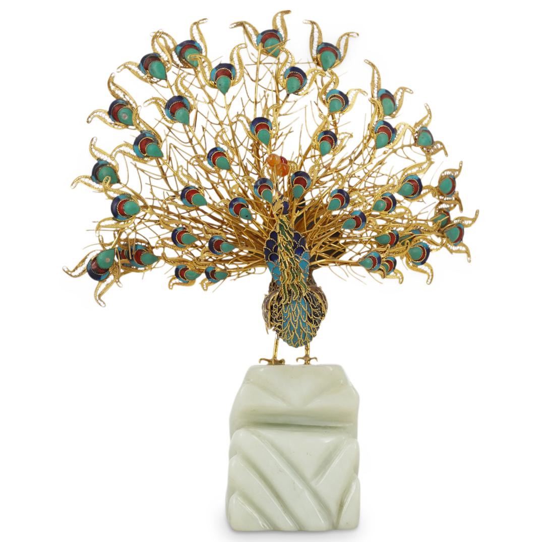 Antique Chinese Gilt Cloisonne Peacock On Jade Base (1 of 5)