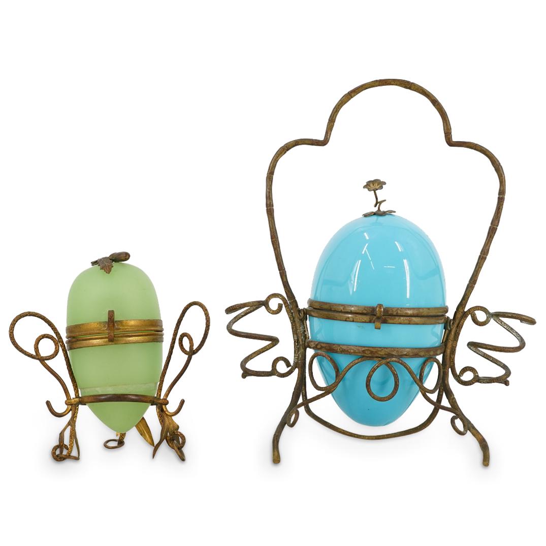 (2 Pc) Antique French Opaline Glass Trinket Box Caskets (1 of 5)