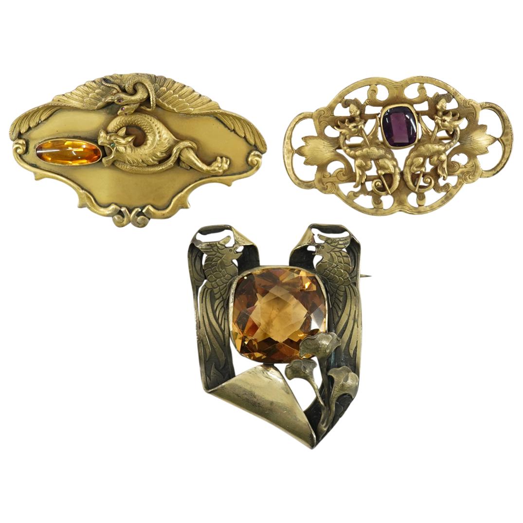 (3 Pc) George Steere Fantastic Brass And Stone Inset Brooches (1 of 6)
