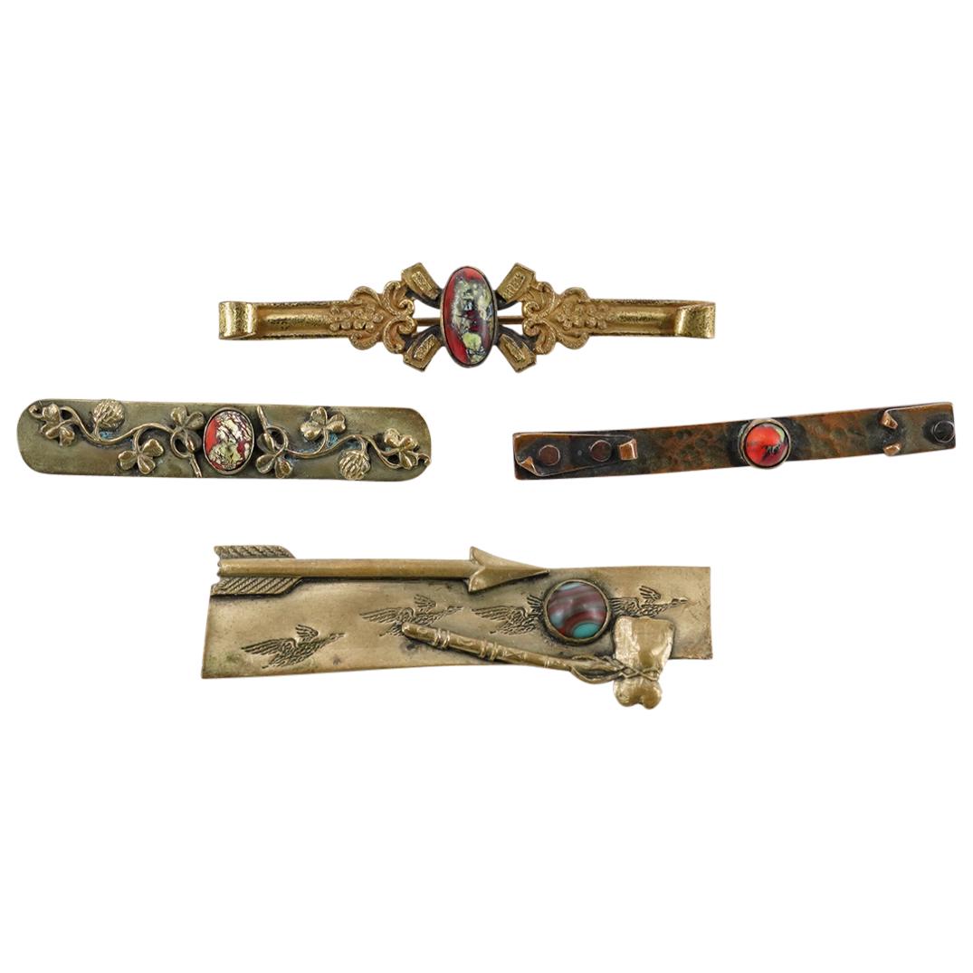 (4 Pc) George Steere Brass And Stone Inset Long Brooches (1 of 6)