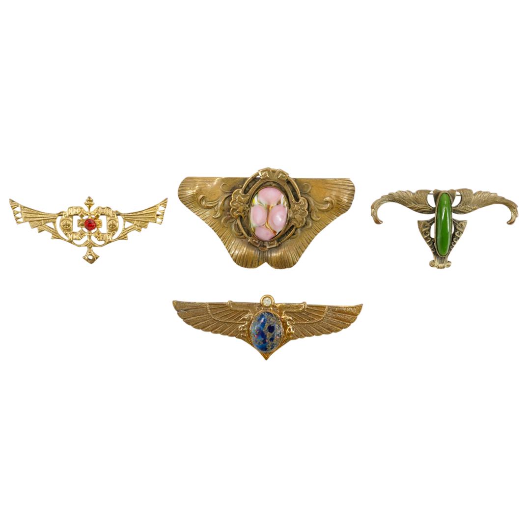 (4 Pc) George Steere Brass And Stone Inset Winged Brooches (1 of 5)