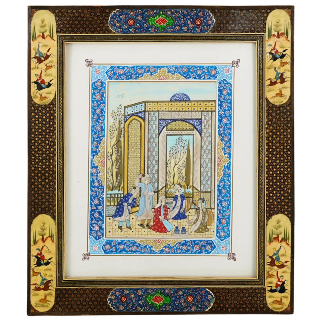 Early 20th Cent. Persian-Iranian Painting On Bone: DESCRIPTION: An early 20th Cent. hand painted Persian-Iranian painting on bone, depicting an interior palatial scene with several male and female figures. Includes an intricate micro-mosaic inlaid fra