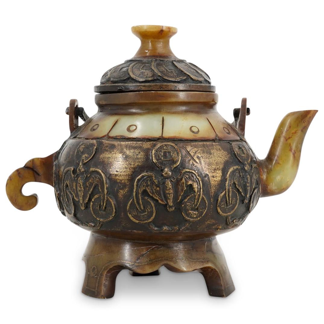 Chinese Carved Jade & Metal Bats with Coins Teapot (1 of 9)
