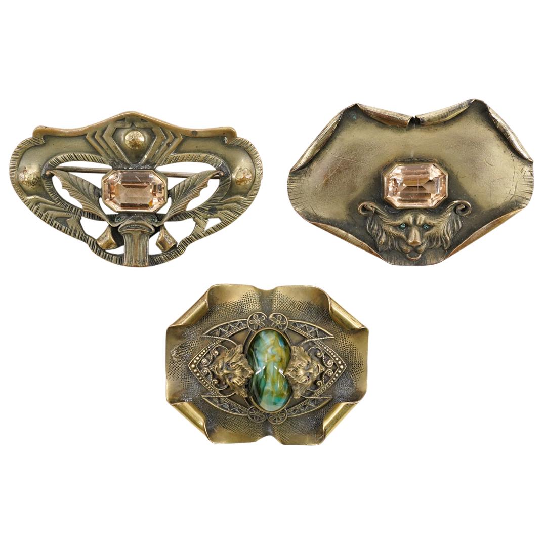 (3 Pc) Prob. George Steere Brass And Stone Inset Face Brooches (1 of 5)