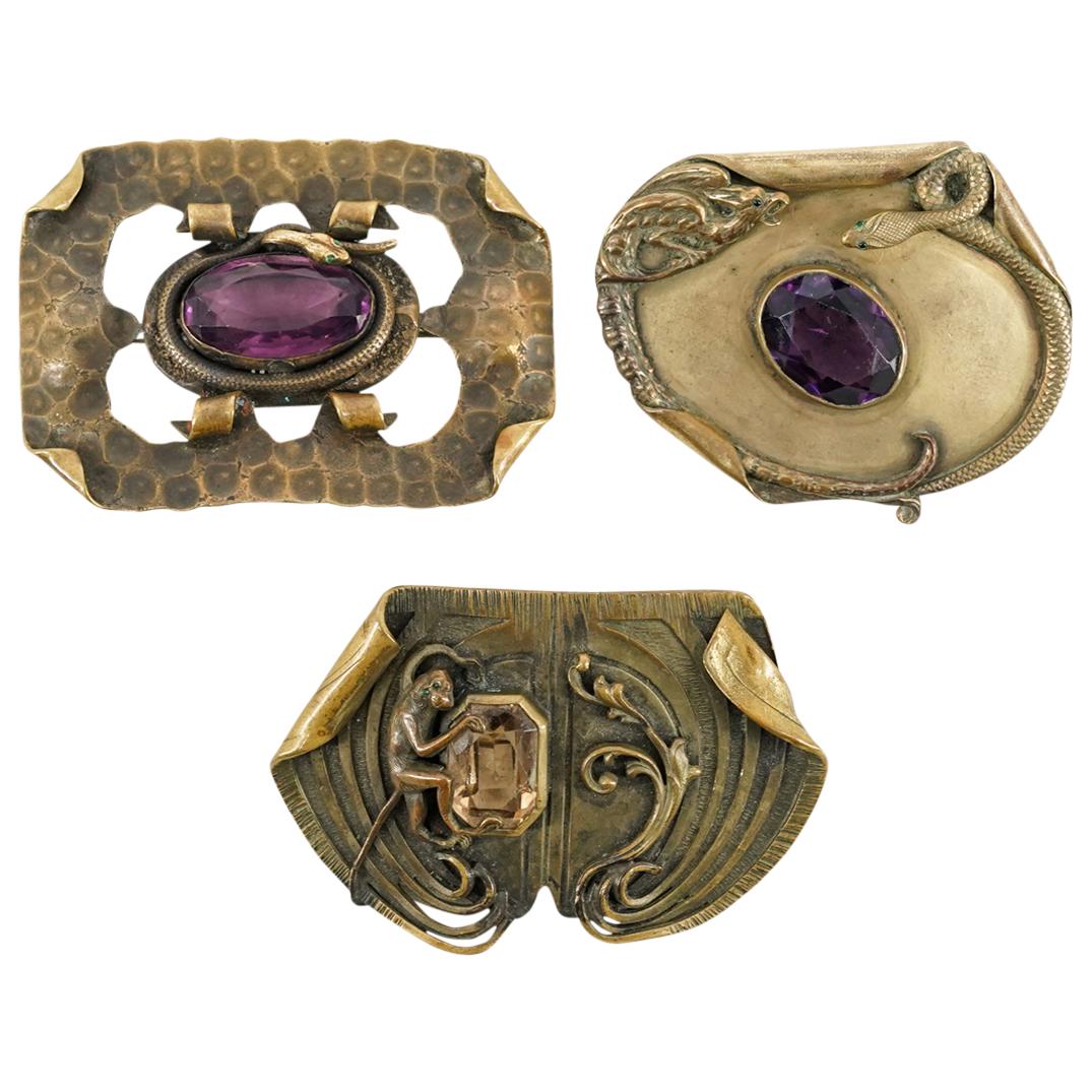 (3 Pc) Prob. George Steere Brass And Stone Inset Animal Brooches (1 of 4)