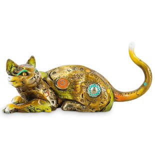 Nano Lopez (b. 1955 Colombian/American) Bronze Cat Sculpture: DESCRIPTION: Nano Lopez (b.1955) Bronze cat sculpture depicting a playful crouching cat decorated with impressed numbers, letters, accented with brightly colored enamels. Artist signature on back, dat