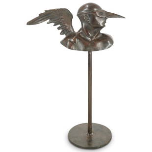 Jorge Marin (Mexican, b. 1963) Figural Bronze "Birdman" Sculpture: DESCRIPTION: Bronze sculpture by Mexican artist Jorge Marin (b. 1963) depicted with a figural bust wearing a beak mask with wings emerging from the figures right shoulder. Impressed signature at the t