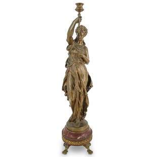 Mathurin Moreau (French, 1822-1912) Torchbearer Bronze Sculpture: DESCRIPTION: Bronze Lady Liberty sculpture candlestick holder by French artist Mathurin Moreau (1822-1912); Depicting in realistic detail a stoic woman wearing a robe and a crown raising a torch