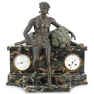 French Portero Marble & Spelter Aneroid Barometer Clock: DESCRIPTION: French Aneroid spelter and portero marble barometer mantel clock. Features a rectangular stepped marble case with white enameled barometer dial, signed: "Aneroide" and a second white