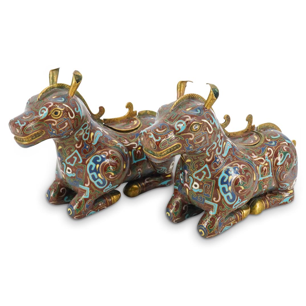 Pair Of Antique Chinese Cloisonne Horses At Rest (1 of 9)