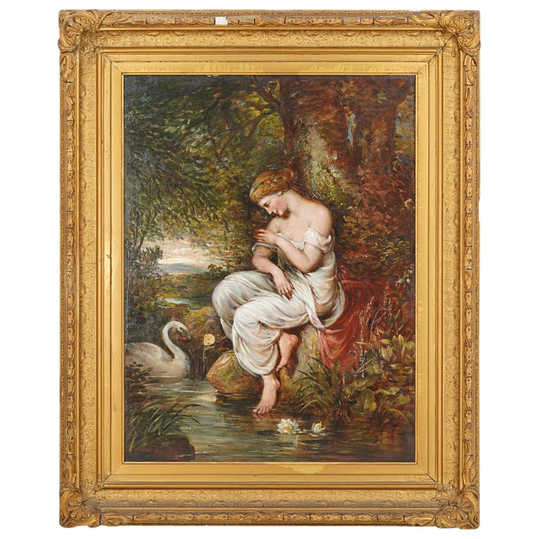 Ambrosini Jerome British-Italian (1810-1883) Oil on Canvas Painting: DESCRIPTION: Ambrosini Jerome British-Italian (1810-1883) Oil on canvas painting depicting a young girl undressing near wading pond with swan. Signed at verso and dated "1879" title Illegible. CIRCA: 