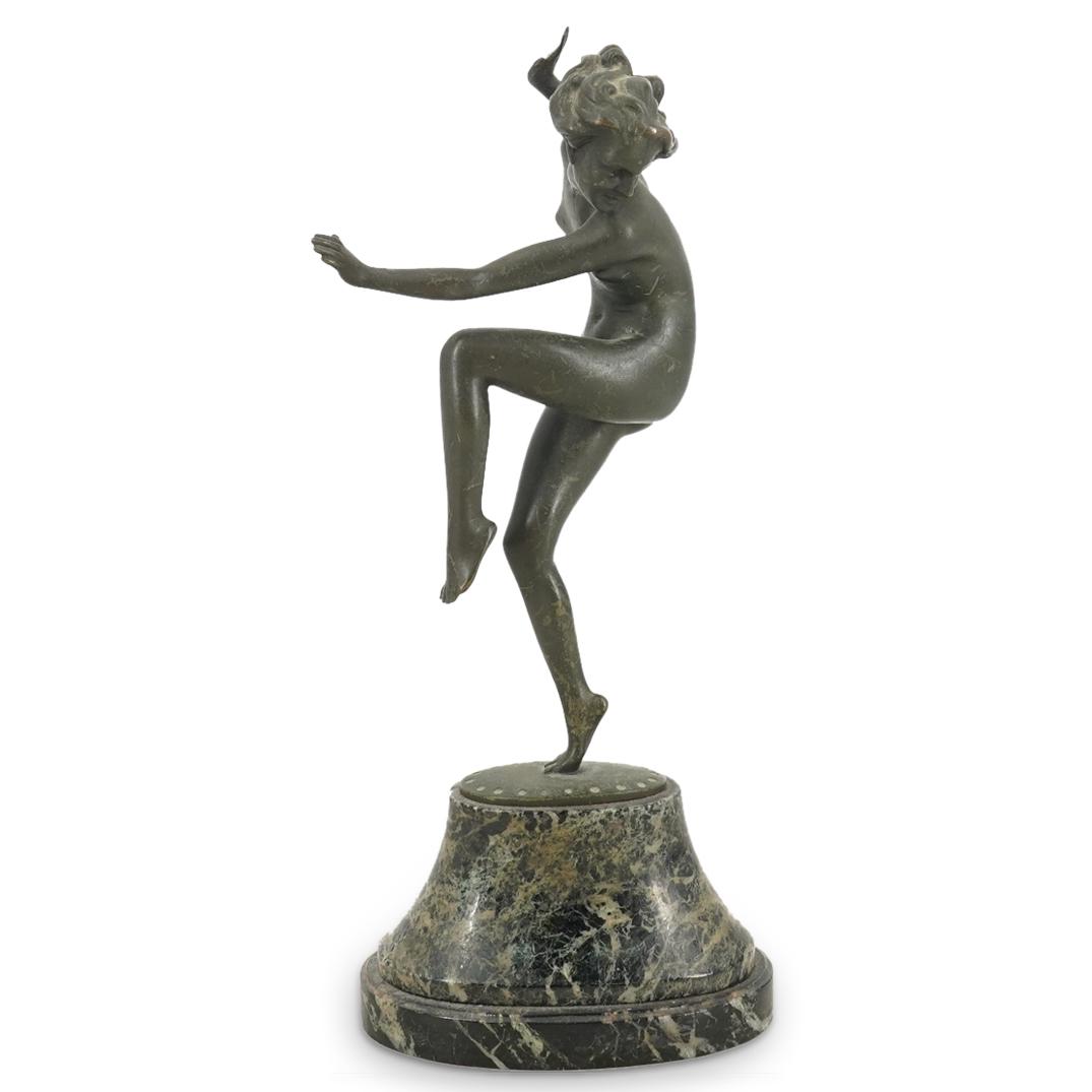 After Otto Poertzel (1876-1963) Art Deco Nude Bronze Sculpture: DESCRIPTION: Art Deco bronze sculpture after Otto Poertzel depicting a nude woman dancing on her right toes. Piece is mounted on a hard stone base and incised "Prof. Poertzel". CIRCA: 20th Century ORI