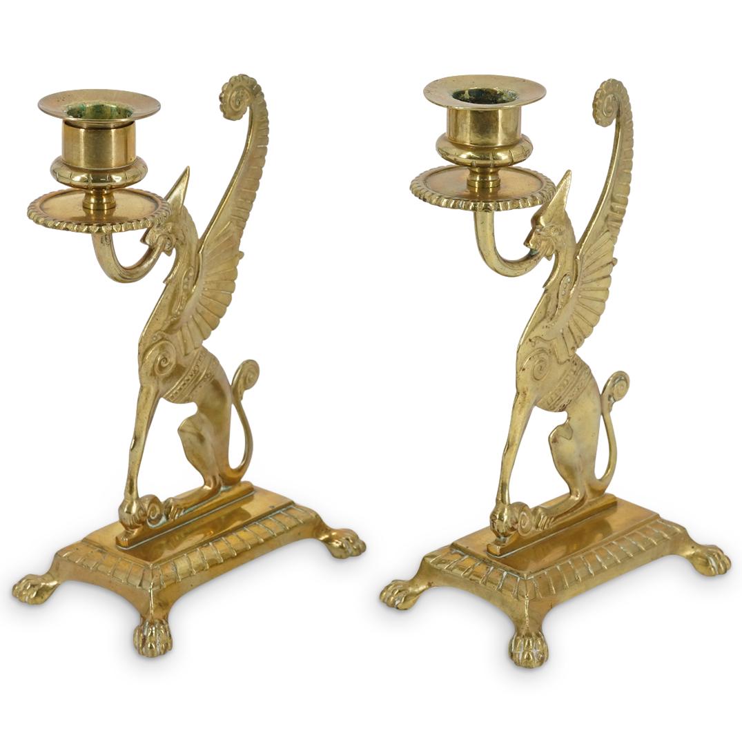 Pair Of Antique Art Deco Gilt Brass Winged Lion Candlesticks (1 of 3)