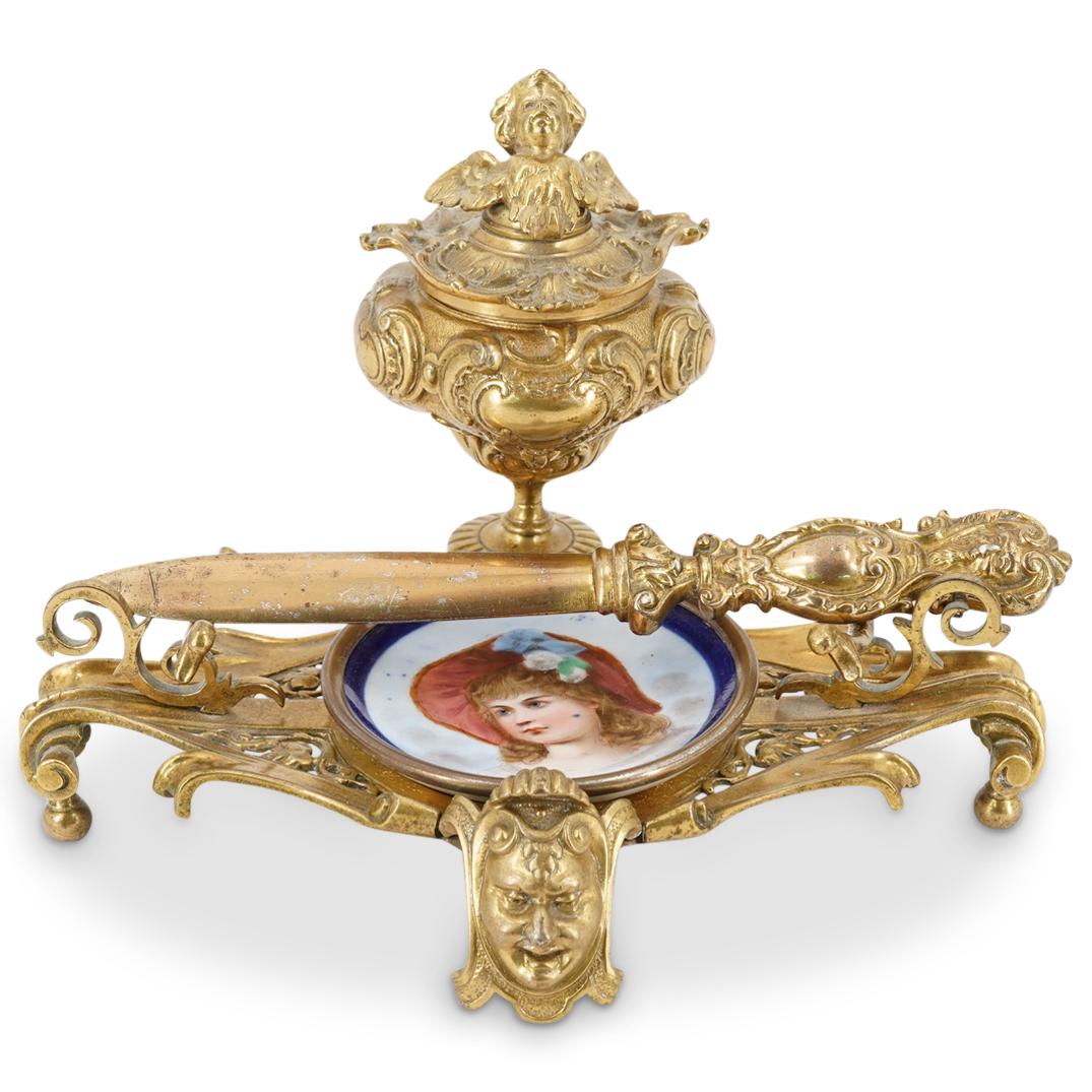 Antique French Gilt Bronze Inkwell W/ Letter Opener (1 of 8)