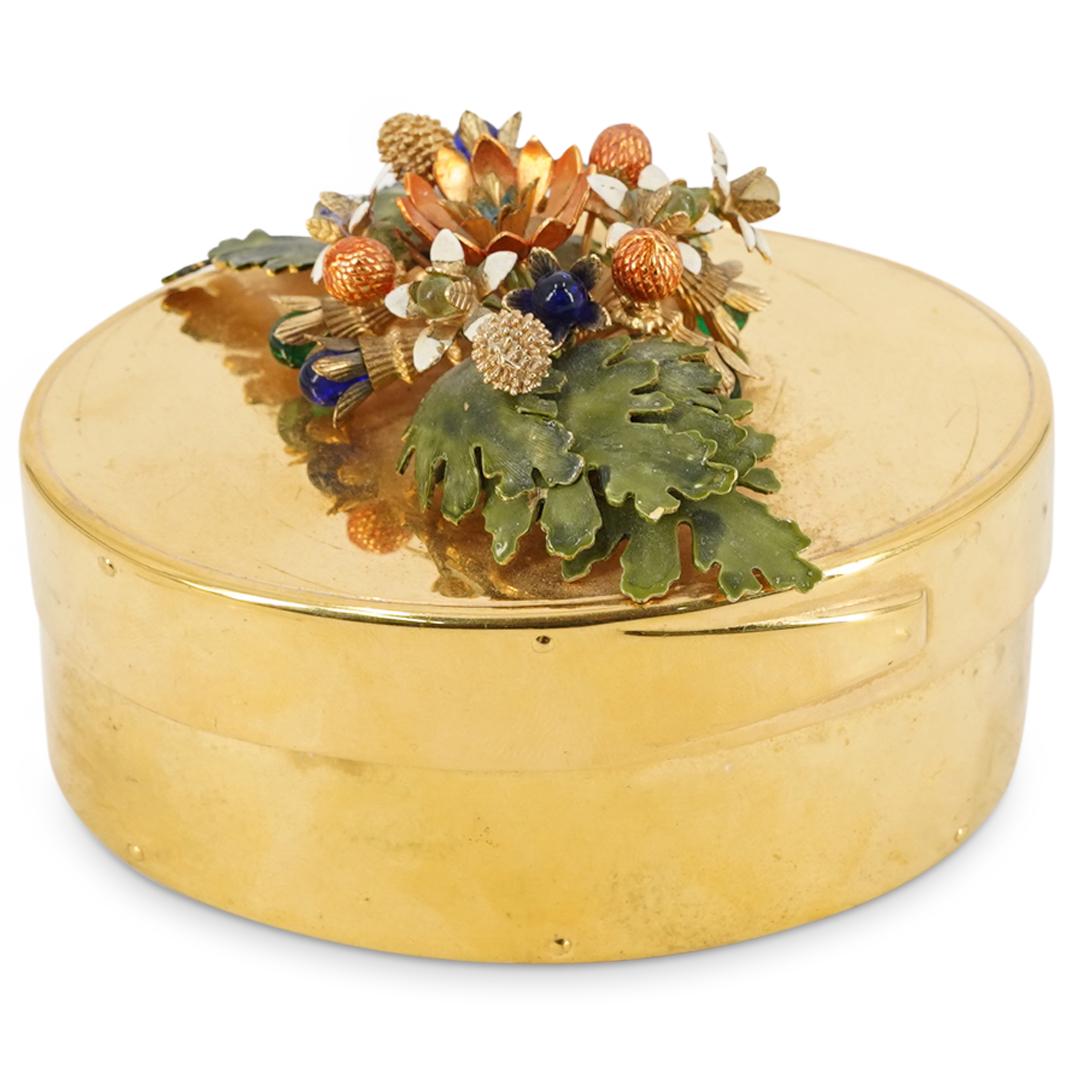 Jane Hutchson Gorham E.P. Gold Floral Trinket Box: DESCRIPTION: Jane Hutchson for Gorham electroplated gold trinket jewelry box, designed with an oval shape. With a figural autumn floral bouquet on the lid, and a cobalt blue velvet padded interior. Ma