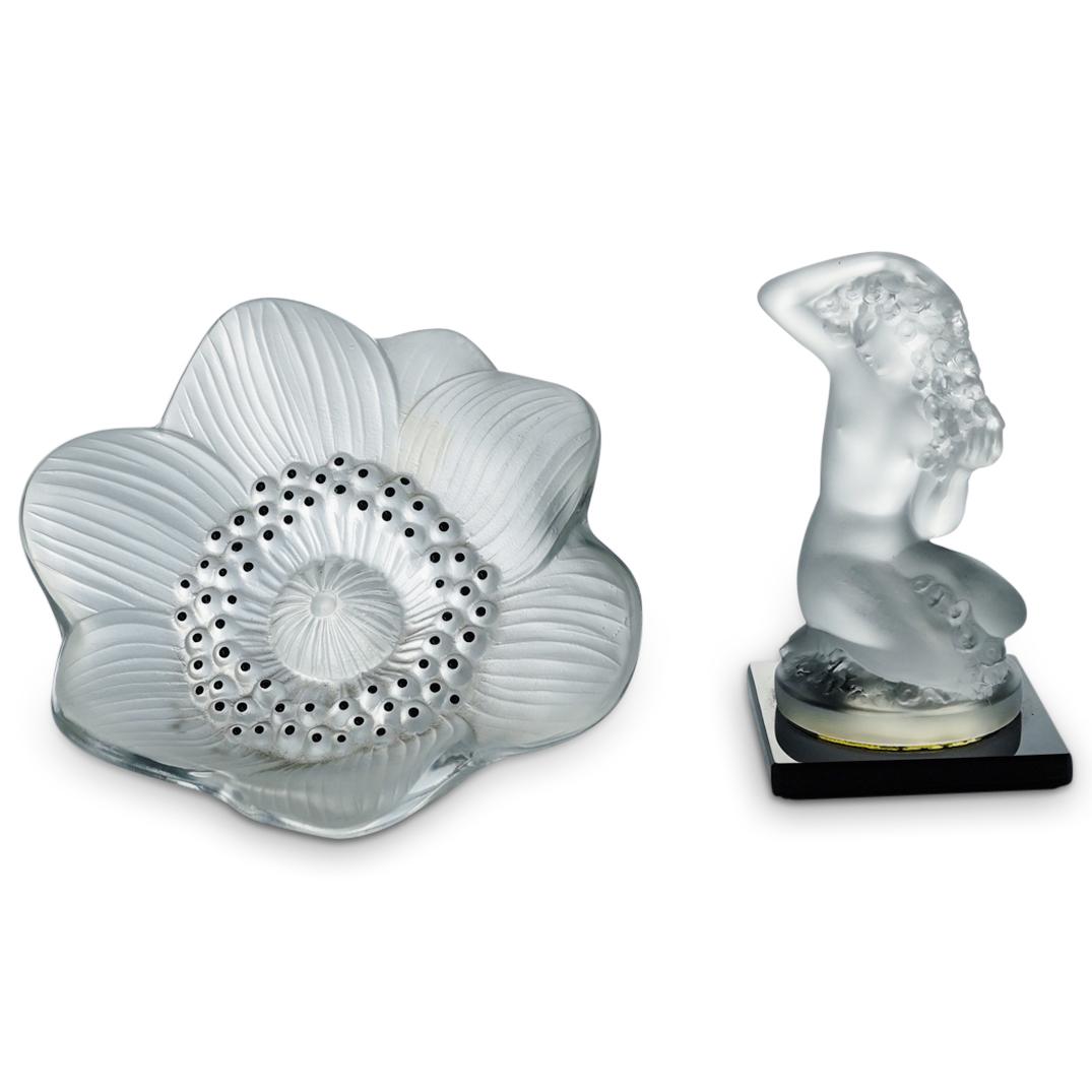 (2 Pc) Lalique Frosted Glass Figural & Floral Sculptures (1 of 7)