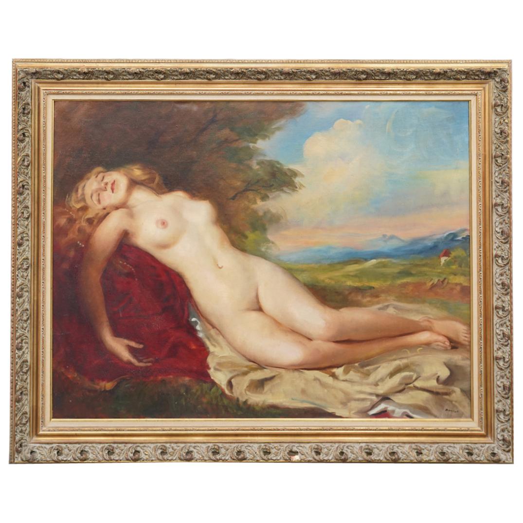 After Francois Boucher "Reclining Nude" Oil on Canvas Painting: DESCRIPTION: After Francois Boucher "Reclining Nude" Oil on canvas painting depicting a reclined nude female figure with landscape backdrop, signed lower right: "Boucher" mounted in ornate gilt frame.