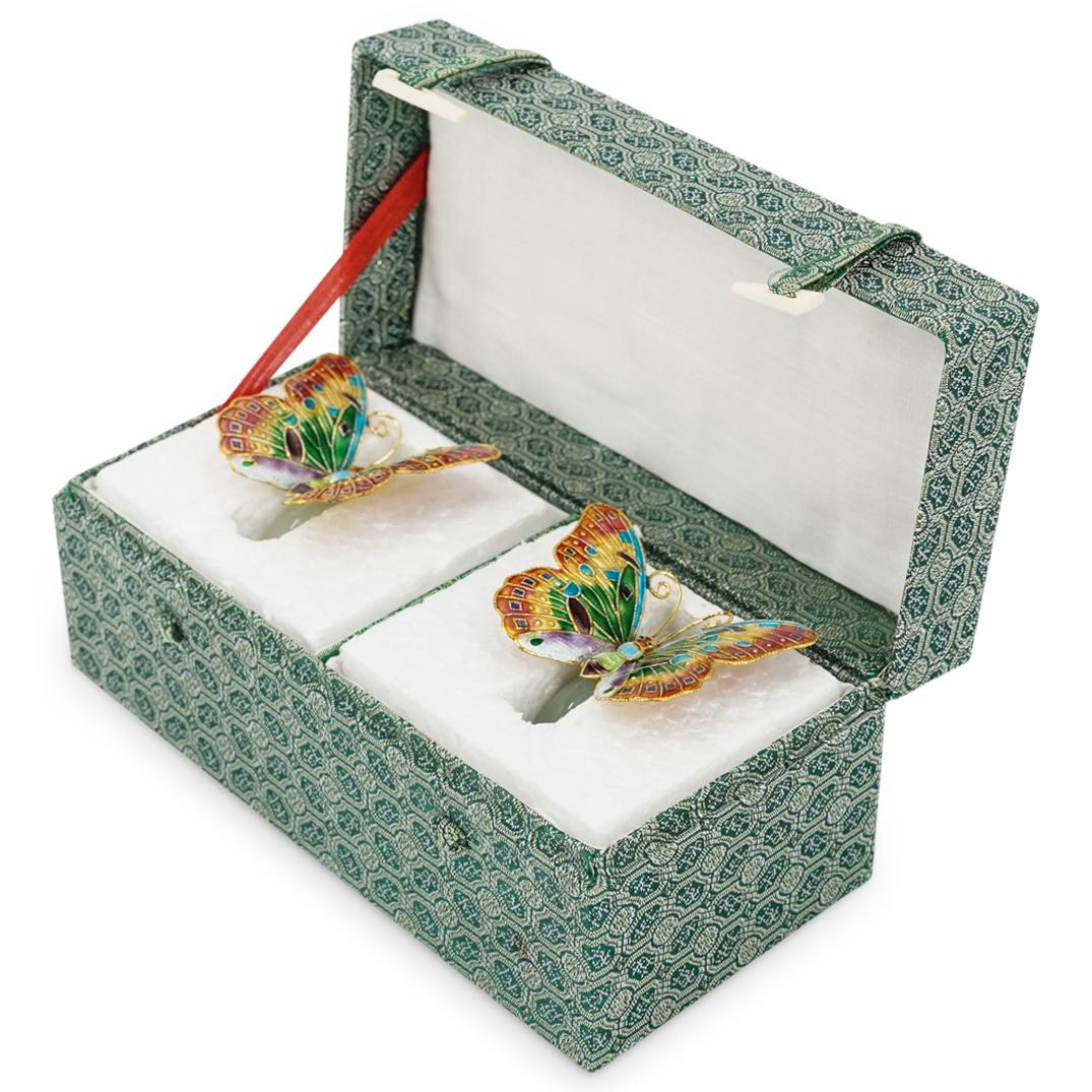 (2 Pc) Enamel Cloisonne Jade Butterfly Napkin Rings (1 of 4)