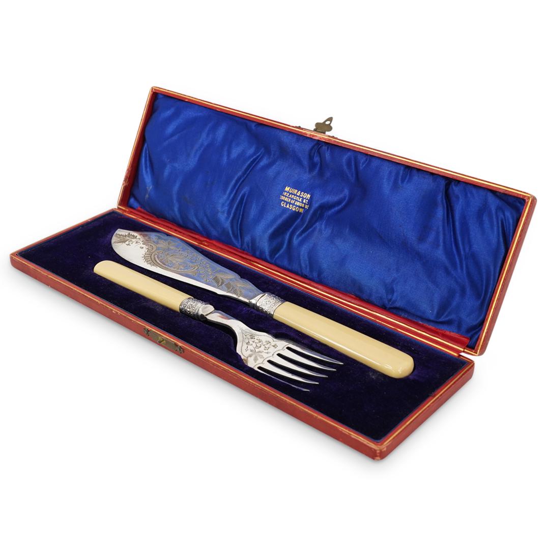 (2 Pc) Antique English JL & Silver Plated Fish Knife & Fork Serving Set (1 of 6)