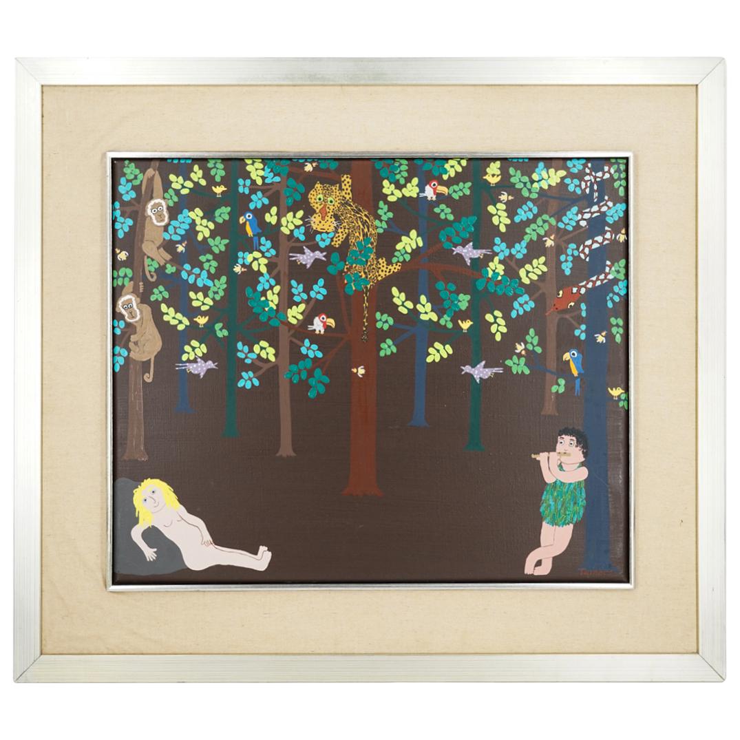 Murry Tamers (American, 1933-2020) Figural Jungle Acrylic on Canvas Painting: DESCRIPTION: Acrylic on canvas painting by American artist Murry Tamers (1933-2020); Depicting a colorful jungle scene in a minimalist manner with animals, a nude woman in repose and a man wearing lea