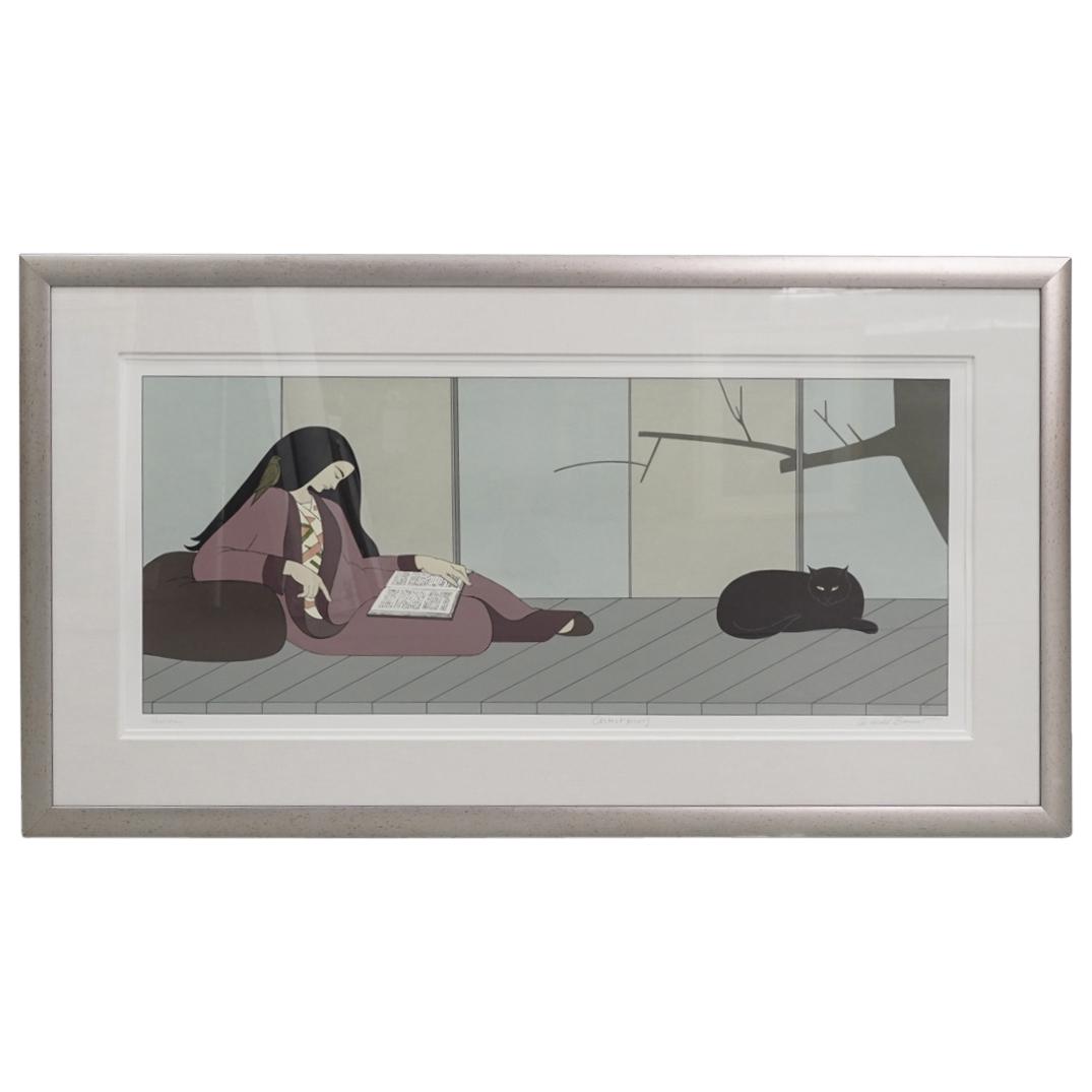 Will Barnet (American, 1911â€“2012) "Aurora - Purple" Serigraph on Paper AP: DESCRIPTION: Artist Proof serigraph on paper by American artist Will Barnet (1911-2012) of his work titled "Aurora - Purple"; Depicting a woman wearing a purple robe reclining and reading a book along