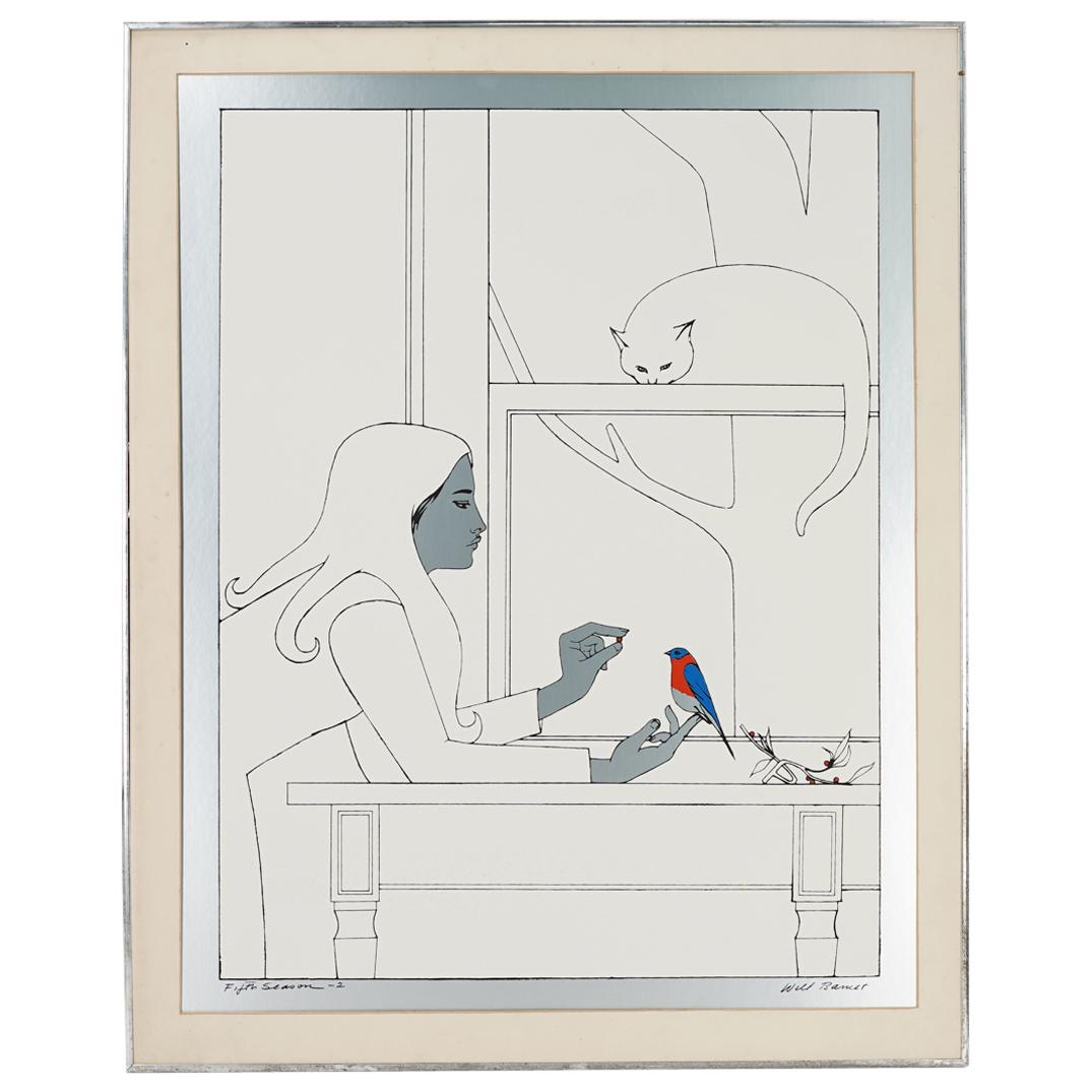 Will Barnet (American, 1911â€“2012) "Fifth Season-2" Serigraph on Artist Board: DESCRIPTION: Serigraph on artist board by American artist Will Barnet (1911-2012) of his work titled "Fifth Season-2"; Depicting a woman feeding a vibrant blue and red bird alongside a cat with reflec