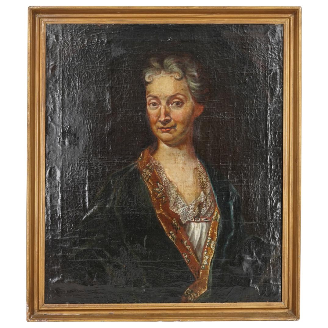 Antique Portrait of Lady Oil on Canvas: DESCRIPTION: Antique portrait oil on canvas depicting in a chiaroscuro manner a woman with white hair in a foliage designed robe. Signed verso at the stretcher partially illegibly "Reg. Elisabeth Peng