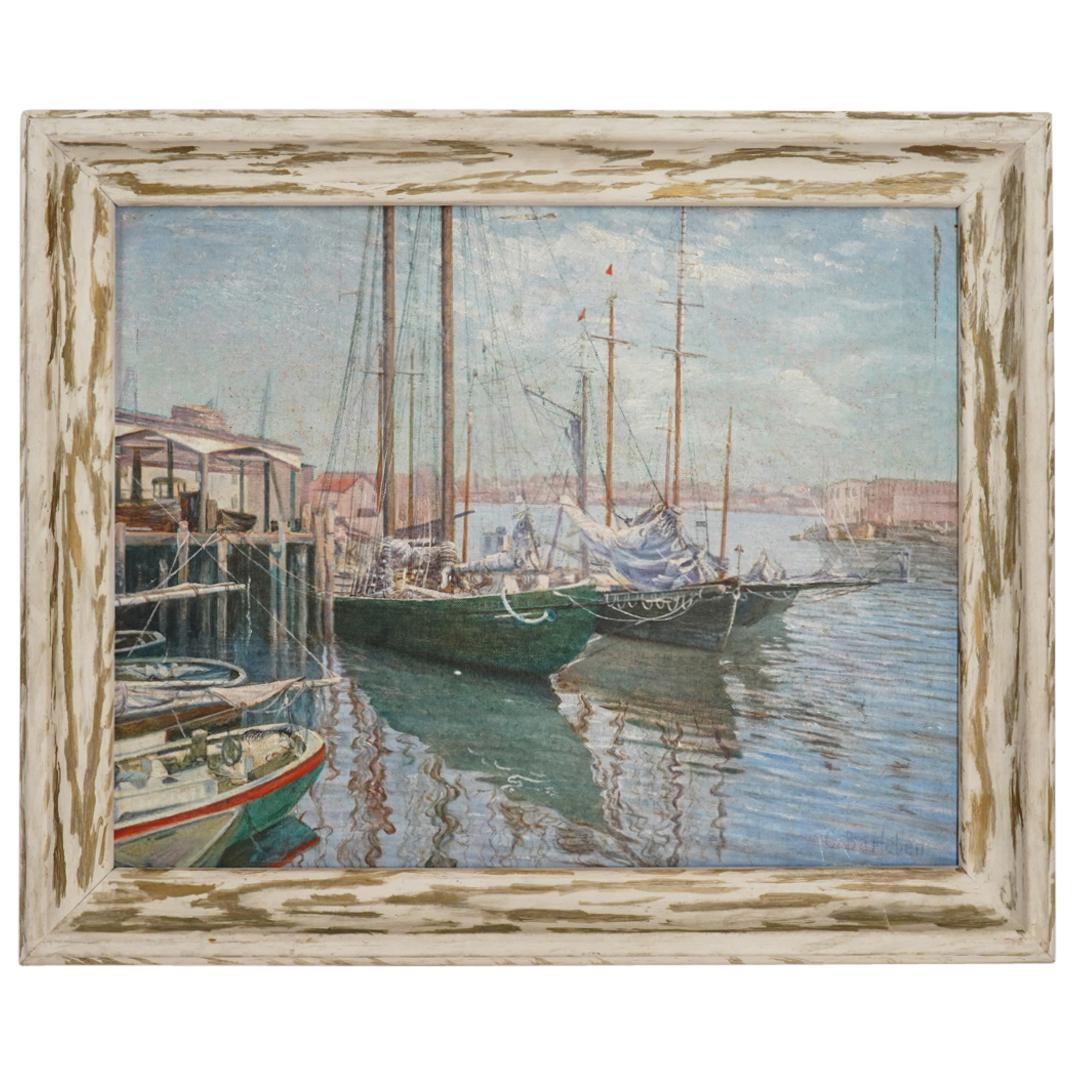 C. Barleben Oil on Board Harbour Scene Painting (1 of 4)